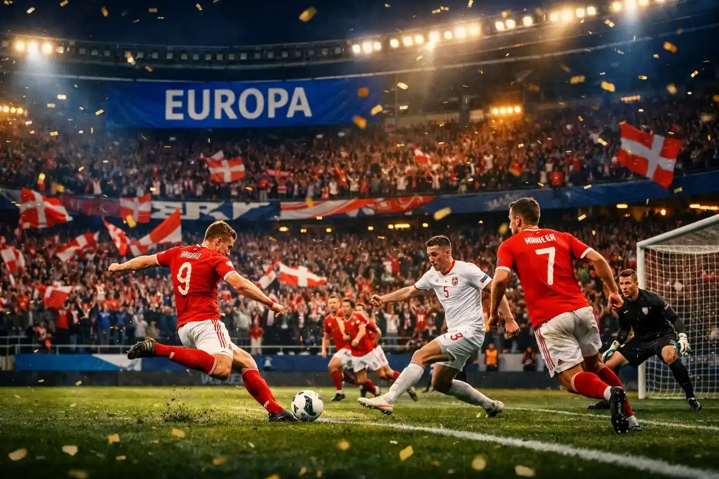 Dansk fodboldhold der spiller europæisk kamp med intens stemning på stadion