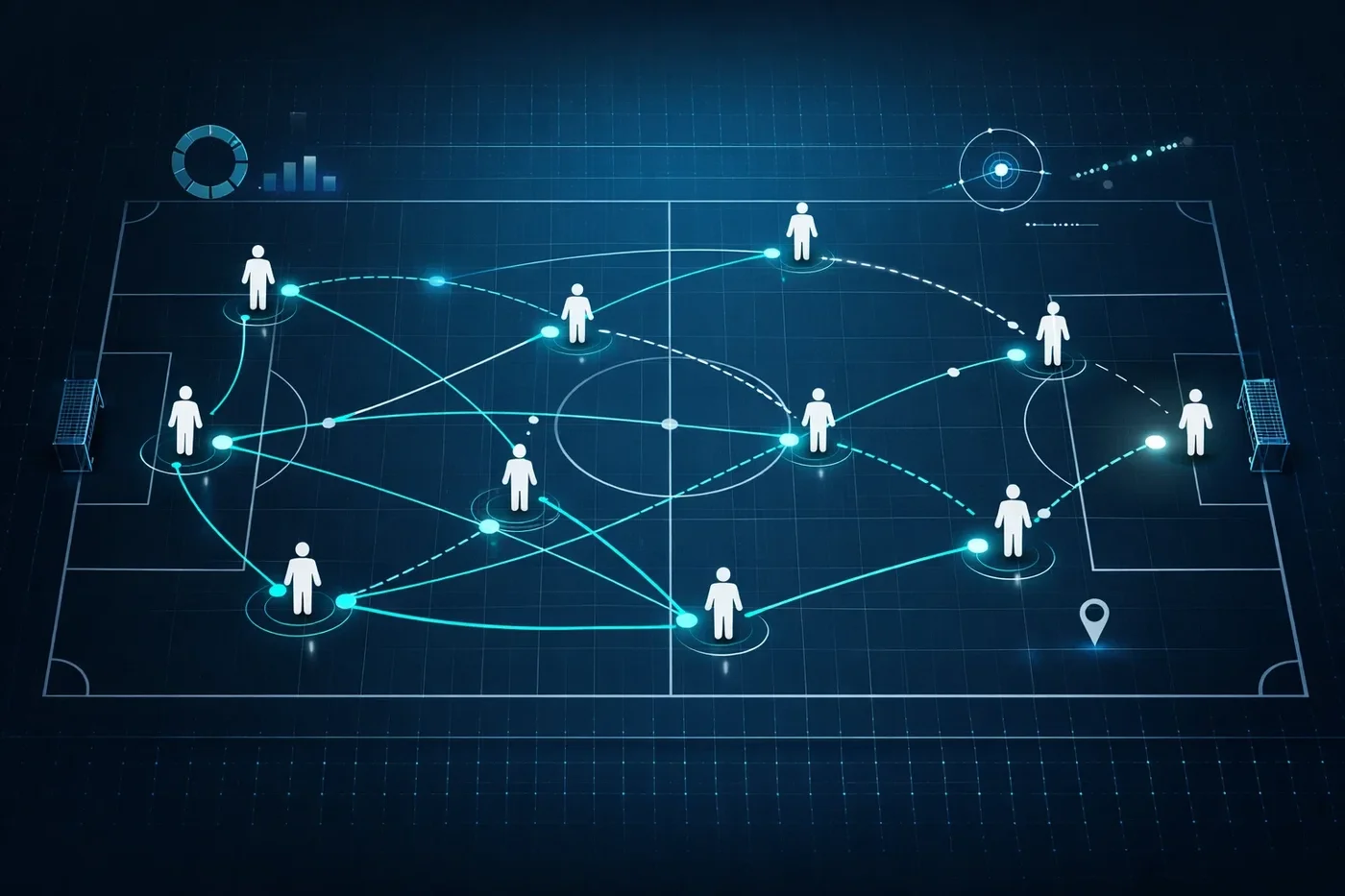 Futuristisk visualisering af avanceret fodboldanalyse med tracking-data og AI